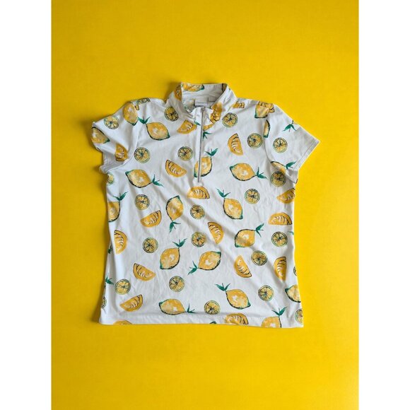 CHICOS Weekend Lemon Print Short Sleeve Active Top Size Chicos 3 / US XL - Picture 2 of 9